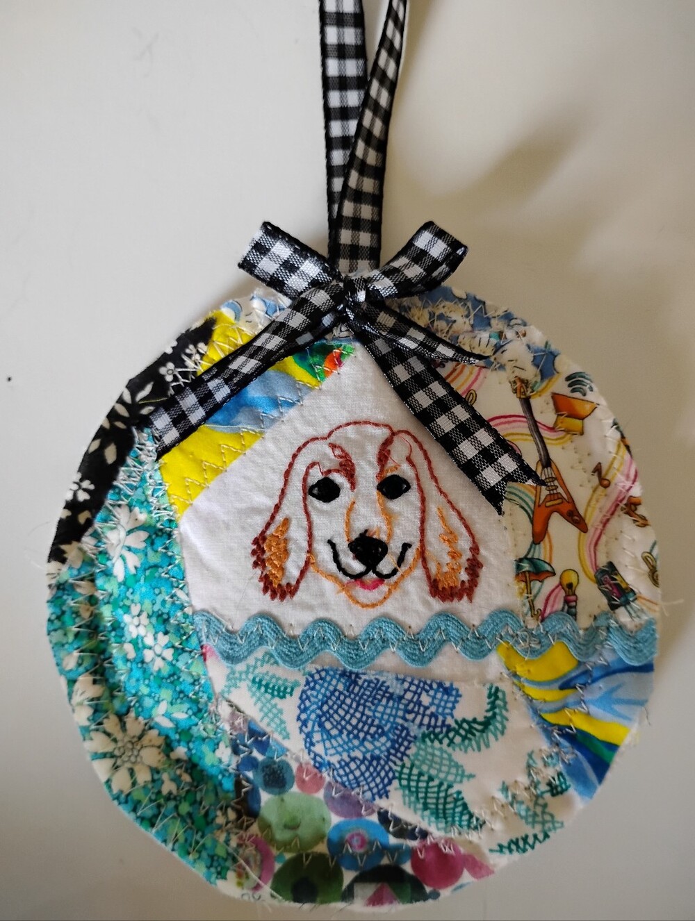 Liberty Art Fabric Patchwork Quilted Bag Charm Ornament Dachshund Brown Dog